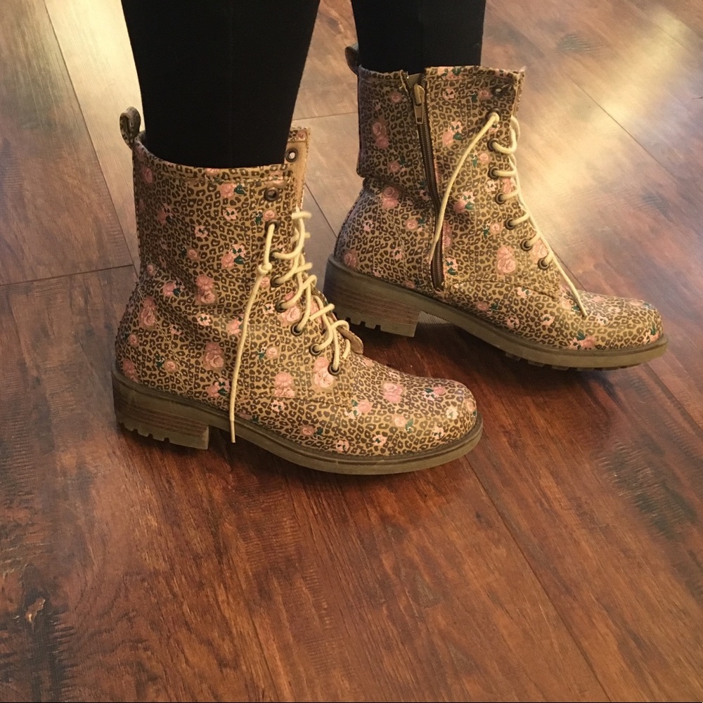 Cheetah + Rose Design Combat Boot